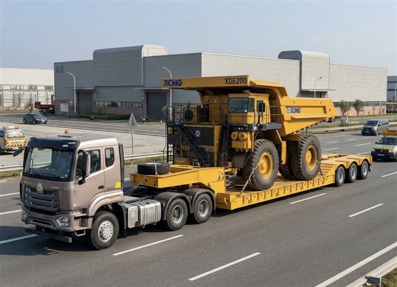 Tracteur HOWO attelé à un porte-engins surbaissé transportant un tombereau de carrière XCMG