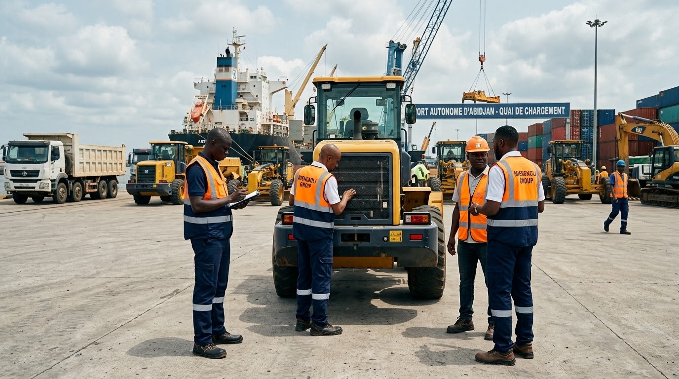 Équipe MIENGNOLI GROUP contrôlant une chargeuse sur un quai du port d’Abidjan