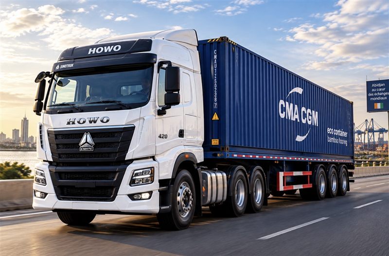 Tracteur routier HOWO tractant une semi-remorque porte-conteneurs de quarante pieds sur la route